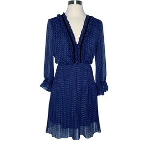 ZARA Chiffon Pleated Ruffle Polka Dot Chiffon Mini Dress Navy Blue Fancy Size L